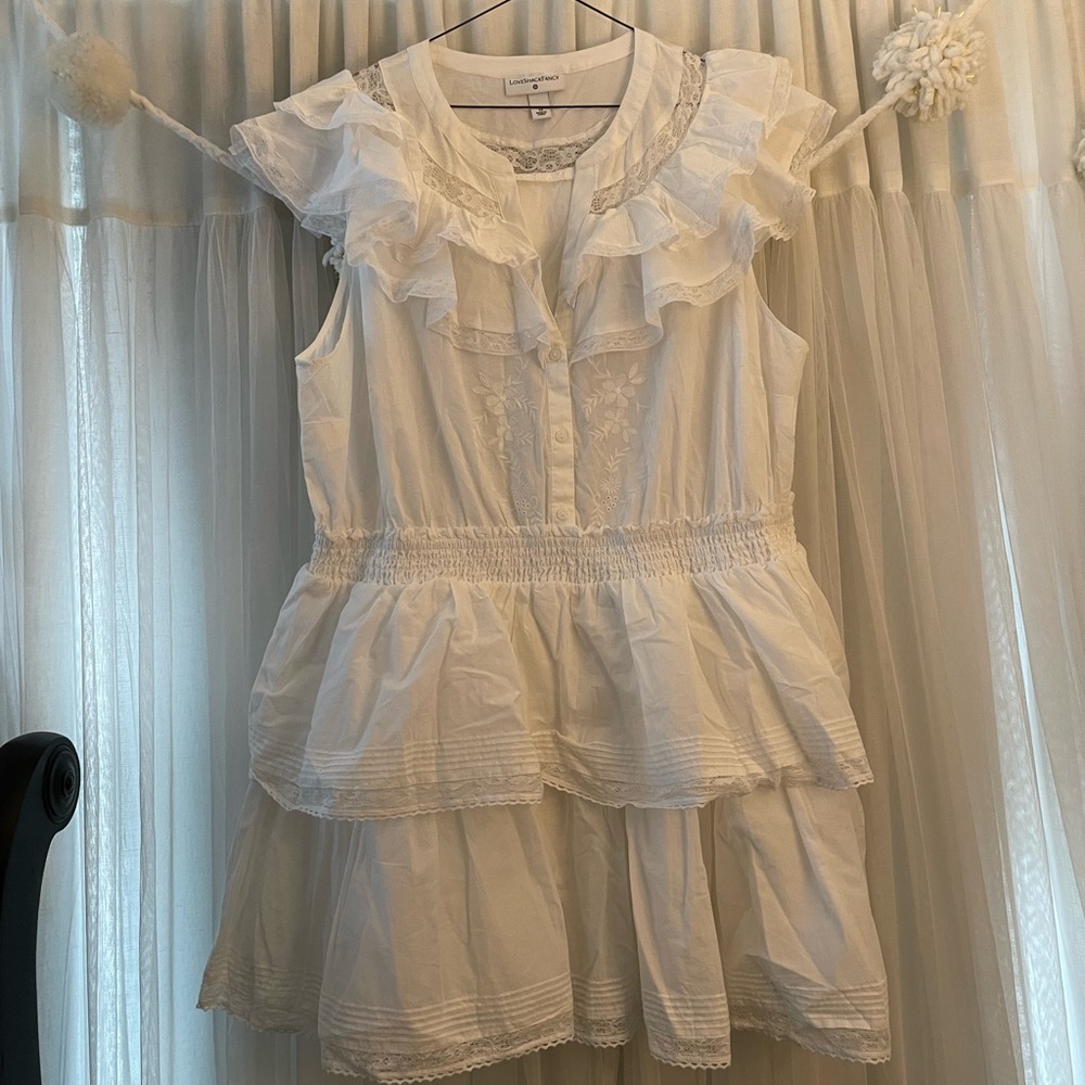 Loveshack Fancy Dress Target. 1X. NWOT. White mini dress. Ruffles. Embroidery.